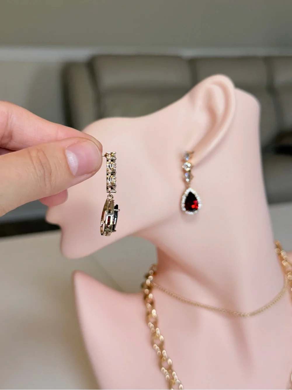 Gold Garnet Teardrop Drop Earrings with Zirconia